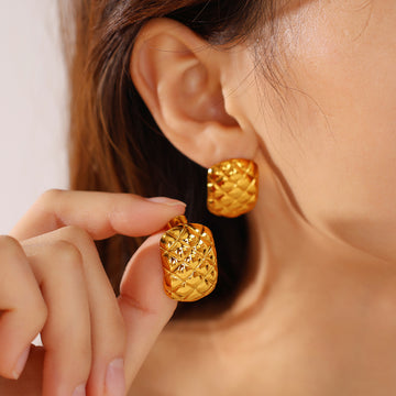 INS Style Quilted Earrings – Gold-Plated Stainless Steel, Premium Design