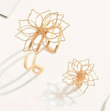 Elegant Geometric Flower Jewelry Set – Adjustable Ring & Double-Layer Bracelet for Women (Wedding & Daily Wear)