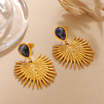 18K Gold Fan-Shaped Earrings – Natural Stone, Unique Design